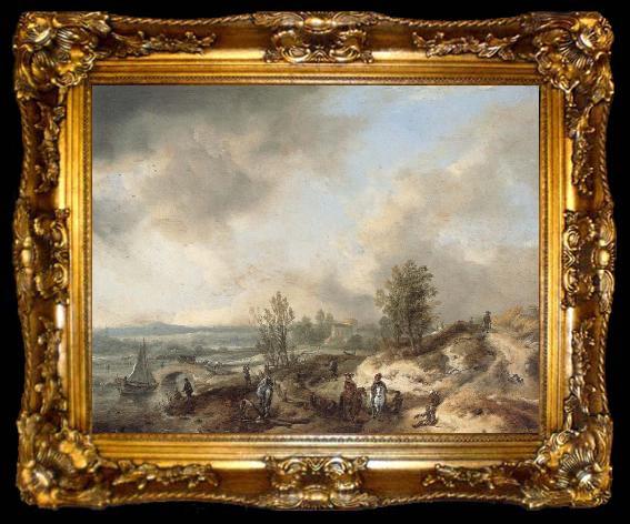 framed  Philips Wouwerman A Dune Landscape with a River and Many Figures, ta009-2